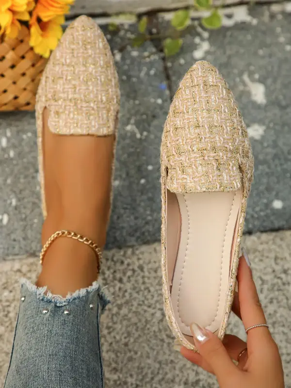 Elegant Glittering Pointed Toe Tweed Flats Shoes for Women, Exquisite Trendy Slip on Shoes for Summer 2024, Fashionable Shoes...