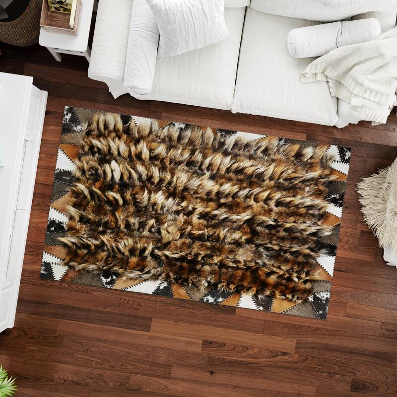 Genuine Black and Brown Fox Fur Stitched Rug