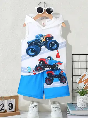 Two-Piece Set Toddler Boy's Hooded Tank Top & Shorts Co-ord Set, Casual Sleeveless Top & Shorts for Daily Wear, Kids Clothing...