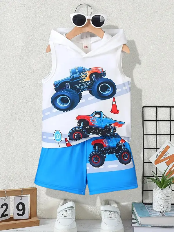 Two-Piece Set Toddler Boy's Hooded Tank Top & Shorts Co-ord Set, Casual Sleeveless Top & Shorts for Daily Wear, Kids Clothing...