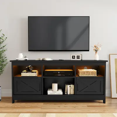 DWVO Farmhouse TV Stand for TVs Up to 65 Inch, Modern Entertainment Centre with Power Outlet, TV Shelf with Storage Cabinet, ...