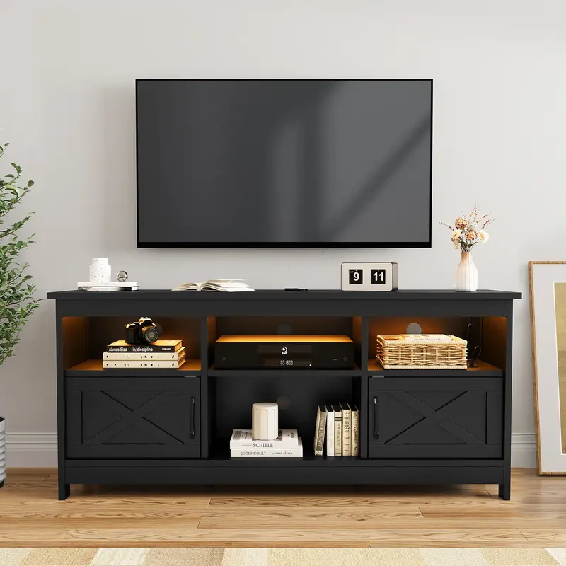 DWVO Farmhouse TV Stand for TVs Up to 65 Inch, Modern Entertainment Centre with Power Outlet, TV Shelf with Storage Cabinet, ...