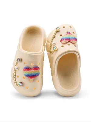 Girl's Cute Rainbow Heart Decor Clogs, Casual Breathable Comfortable Non-slip Clogs, Fashionable Shoes for Indoor & Outdoor W...