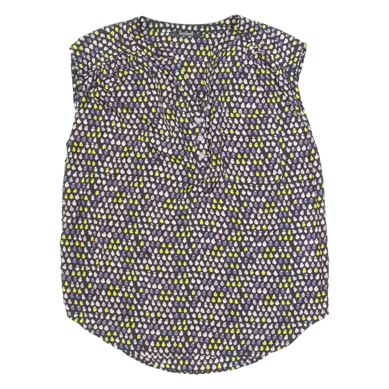 KOOKAI Womens Blouse Vest Black Button Neck Sleeveless Silk Crazy Pattern M