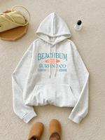 Women's Letter Print Drop Shoulder Drawstring Hoodie, Fashion Casual Kangaroo Pocket Hooded Sweatshirt for Daily Holiday Outd...