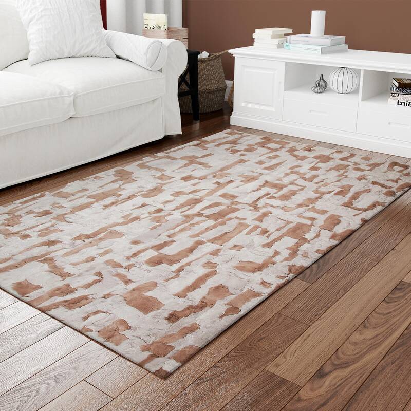 Beige & Brown Rex Rabbit Fur Area Rug