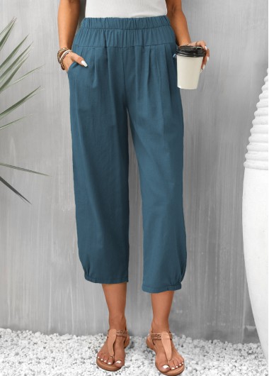 Modlily Peacock Blue Pocket Elastic Waist Pants - 2XL