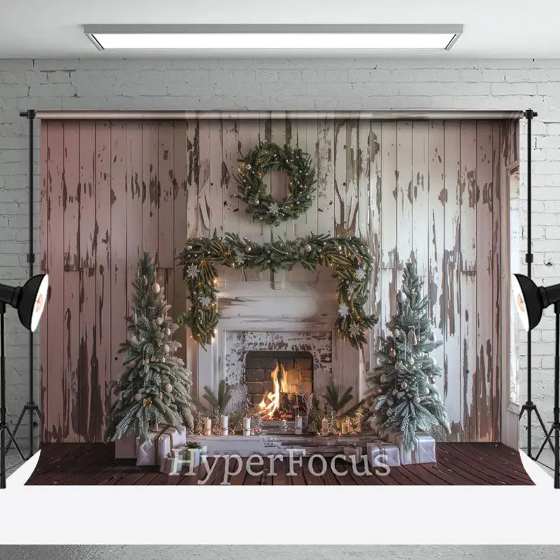 Retro Wood Wall Warm Fireplace Christmas Backdrop - Aperturee