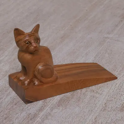 NOVICA Helpful Kitten in Brown Handcrafted Suar Wood Cat Doorstop in Brown from Bali
