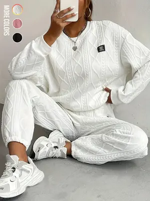 Women's Solid Patched Drop Shoulder Sweatshirt & Elastic Waist Pants Two-piece Set, Casual Fashion Cozy Round Neck Long Sleev...