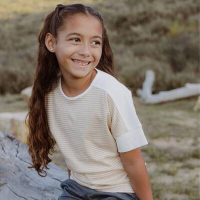 Dropped Shoulder Striped Tee | Color: Natural Beige Stripes | Size: 12-13