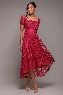 Goddiva Scalloped Neck Embroidered Lace High Low Midi Dress - Magenta