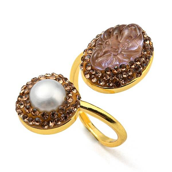 Natural Pearl & Glass Nine Tailed Fox Open Cuff Ring with Rhinestone