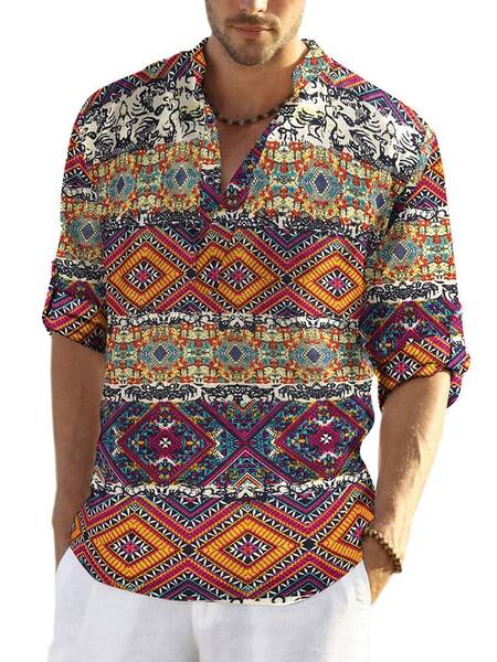 Cotton Linen Floral Henley Shirt (US Only), Folk / L