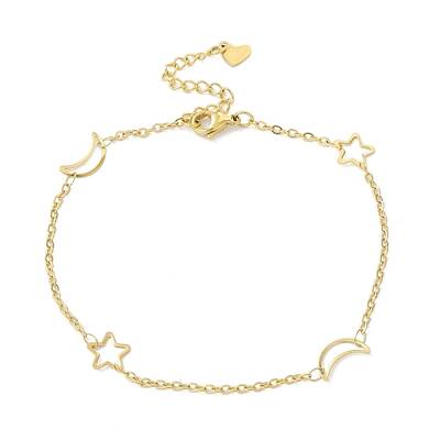 PVD Vacuum Plating 304 Stainless Steel Moon and Star Link Anklet with Cable Chains for Women