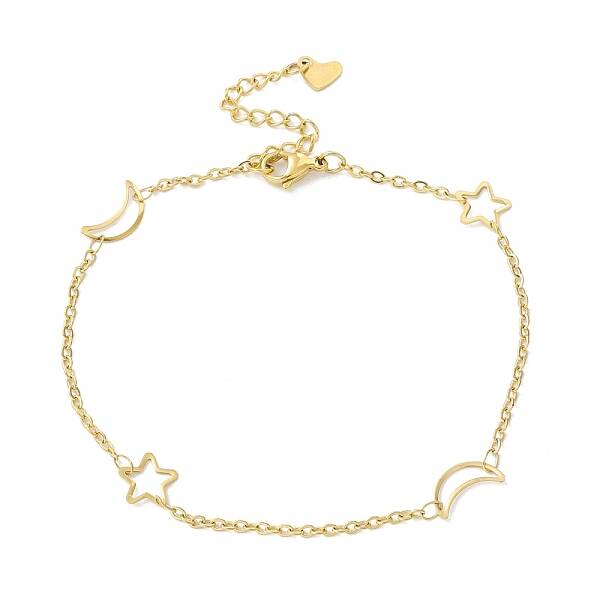 PVD Vacuum Plating 304 Stainless Steel Moon and Star Link Anklet with Cable Chains for Women