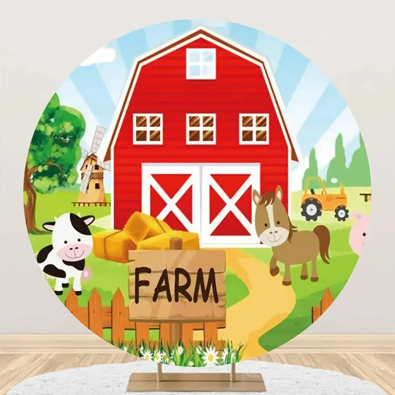 Round Farm Red Barn Animals Tree Birthday Backdrop - Aperturee
