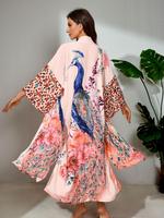 Plus Size Peacock & Floral Print Belted Wrap Kimono Cardigan, Casual Split Hem Kimono Cardigan, Women's Summer Swimwear for...