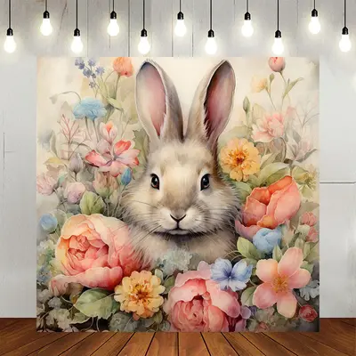 Oil Painting Style Bunny Floral Birthday Backdrop - Aperturee