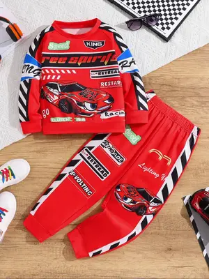 Two-Piece Set Boy's Car Graphic Sweatshirt & Elastic Waist Pants Set, Casual Round Neck Long Sleeve Pullover & Trousers for S...