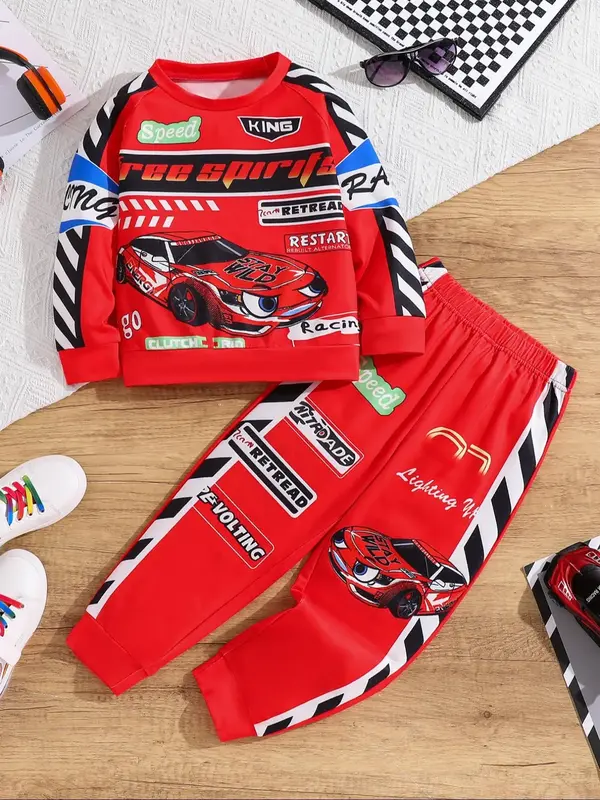 Two-Piece Set Boy's Car Graphic Sweatshirt & Elastic Waist Pants Set, Casual Round Neck Long Sleeve Pullover & Trousers for S...