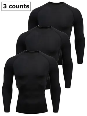 Men's 3pcs Solid Round Neck Raglan Sleeve Sports Tee, Quick Drying Breathable Long Sleeve T-shirt, Crew Neck Tight-fitting Te...
