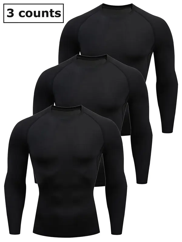 Men's 3pcs Solid Round Neck Raglan Sleeve Sports Tee, Quick Drying Breathable Long Sleeve T-shirt, Crew Neck Tight-fitting Te...