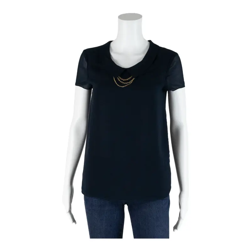 ZARA TRAFALUC Sheer Chain Detail Blue Collared Short Sleeve Top Womens XS
