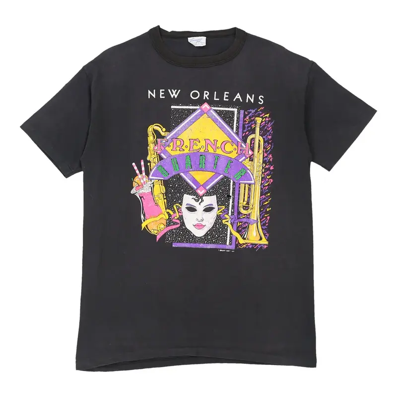 Single Stitch 1980s New Orleans French Quarter. Tennessee Tee Graphic T-Shirt - Large Black Cotton