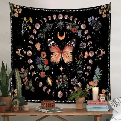 Butterfly & Floral & Moon Design Tapestry for Room Decor, 1 Count Creative Hanging Background, Bohemian Style Hanging Wall Ar...