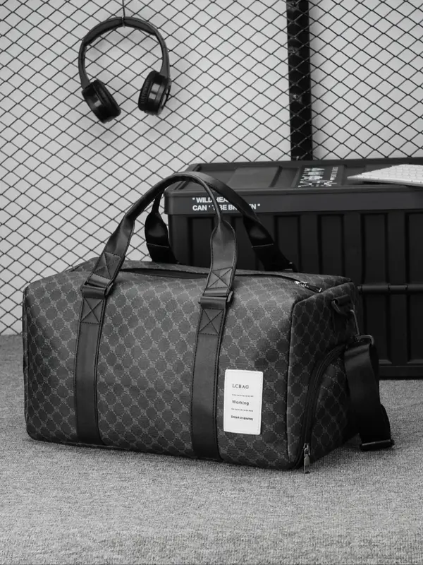 Large Capacity Geometric Pattern Pu Leather Travel Bag, Casual Zipper Weekender Bag, Fashionable Travel Bag for Men & Women