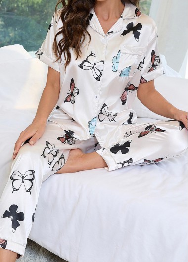 Modlily White Butterfly Print Short Sleeve Lounge Top and Pants - S