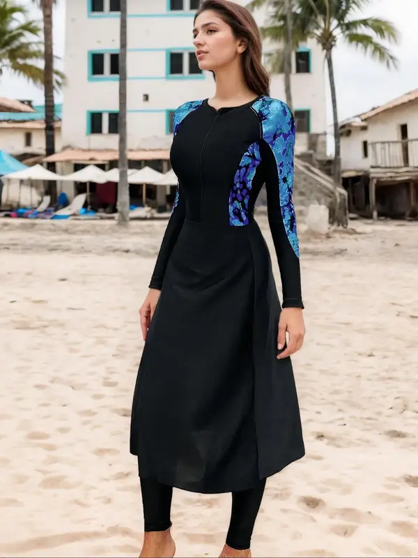 Women's Floral Print Long Sleeve Swim Dress & Skinny Swim Pants Set, Modest Casual Swimwear Set for Beach Holiday Vacation, L...