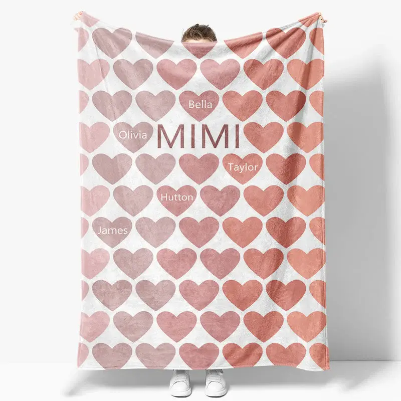Dense Romantic Pink Heart Custom Family Name Blanket - Aperturee