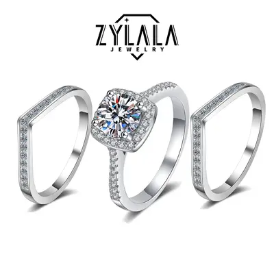 [197] 0.5/1.0/2.0ct Luxurious Square Synthetic Moissanite Ring + Synthetic Moissanite V Band 925 Sterling Silver Promise Ring...