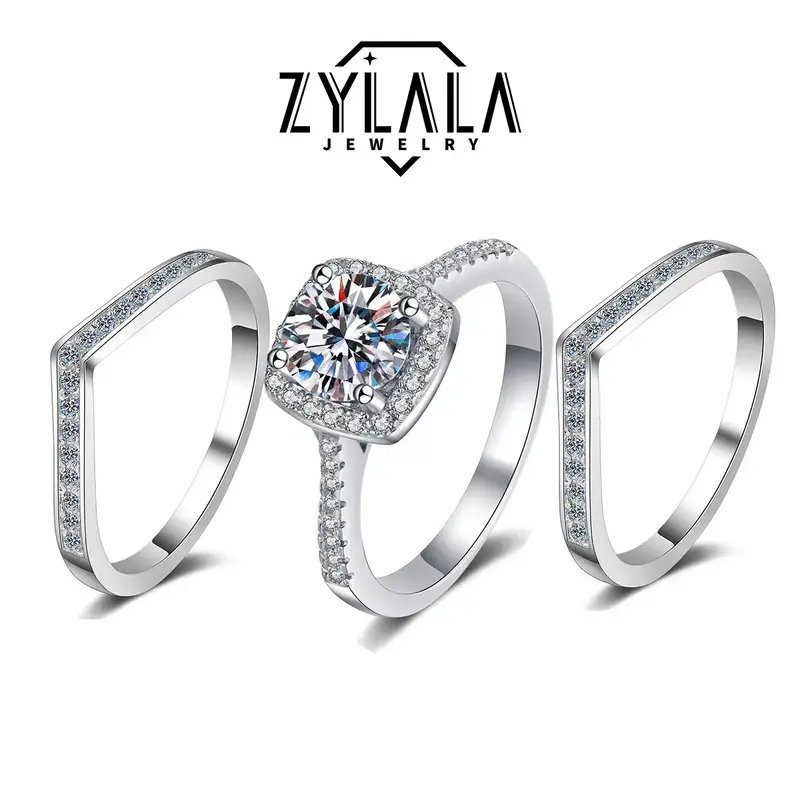 [197] 0.5/1.0/2.0ct Luxurious Square Synthetic Moissanite Ring + Synthetic Moissanite V Band 925 Sterling Silver Promise Ring...