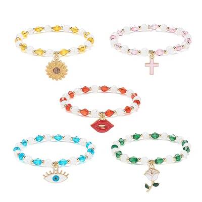 Acrylic Beaded Stretch Bracelet with Alloy Enamel Charms for Women