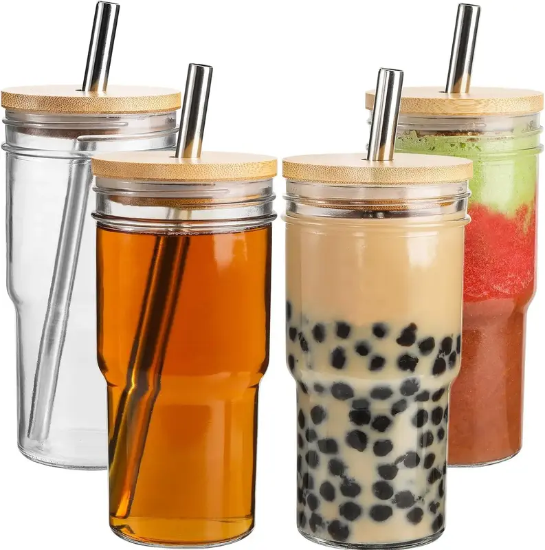 4 Pack Glass Glasses Tumbler Cups with Bamboo Lids and Straws, 22oz Wide Mouth Boba Tea Cup-Reusable Mason Jars Drinking for ...