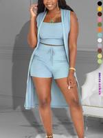 Women's Solid Ribbed Crop Tank Top & Drawstring Waist Shorts & Open Front Sleeveless Outerwear Three-piece Set, Casual Fashio...