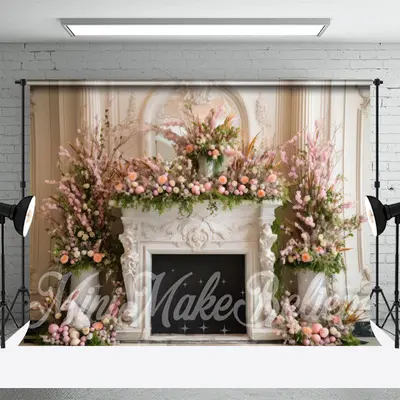 White Wall And Pink Flower Fireplace Easter Backdrop - Aperturee