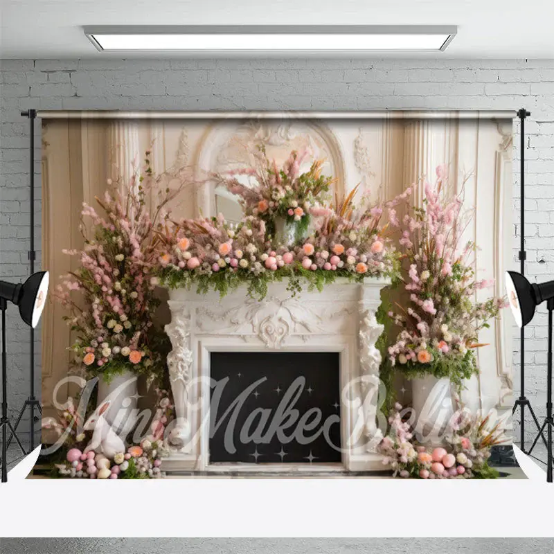 White Wall And Pink Flower Fireplace Easter Backdrop - Aperturee