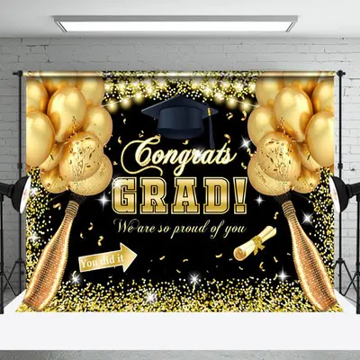 Gold Sequins Balloon Champagne Congrats Grad Backdrop - Aperturee