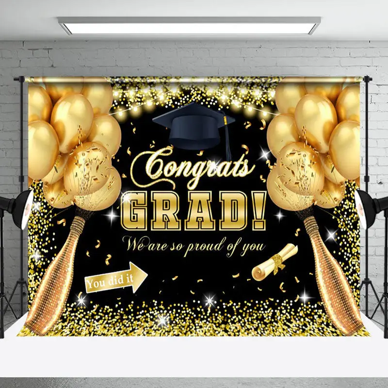 Gold Sequins Balloon Champagne Congrats Grad Backdrop - Aperturee