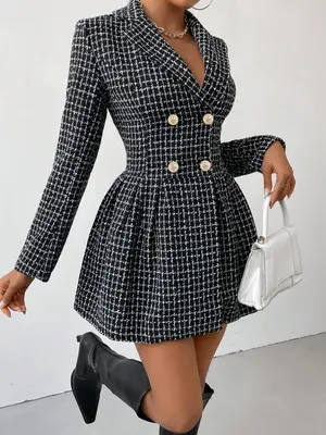 Womenswear Plaid Print Double Button Wrap A Line Dress, Lady Vintage Girly Clothes, Elegant Long Sleeve Lapel Neck Short Dres...