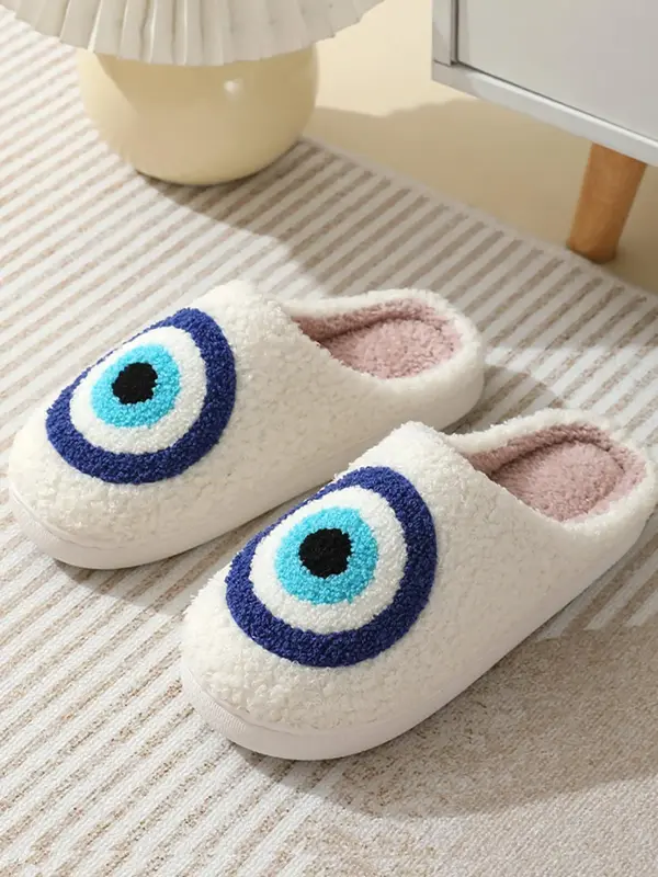 Women's Color Block Eye Design Plush Slippers, Casual Comfortable Home Slippers For Fall & Winter, Warm Chunky Bedroom Slippe...