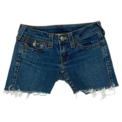 Frayed Hem True Religion Mini Denim Shorts - 29W UK 6 Blue Cotton Blend