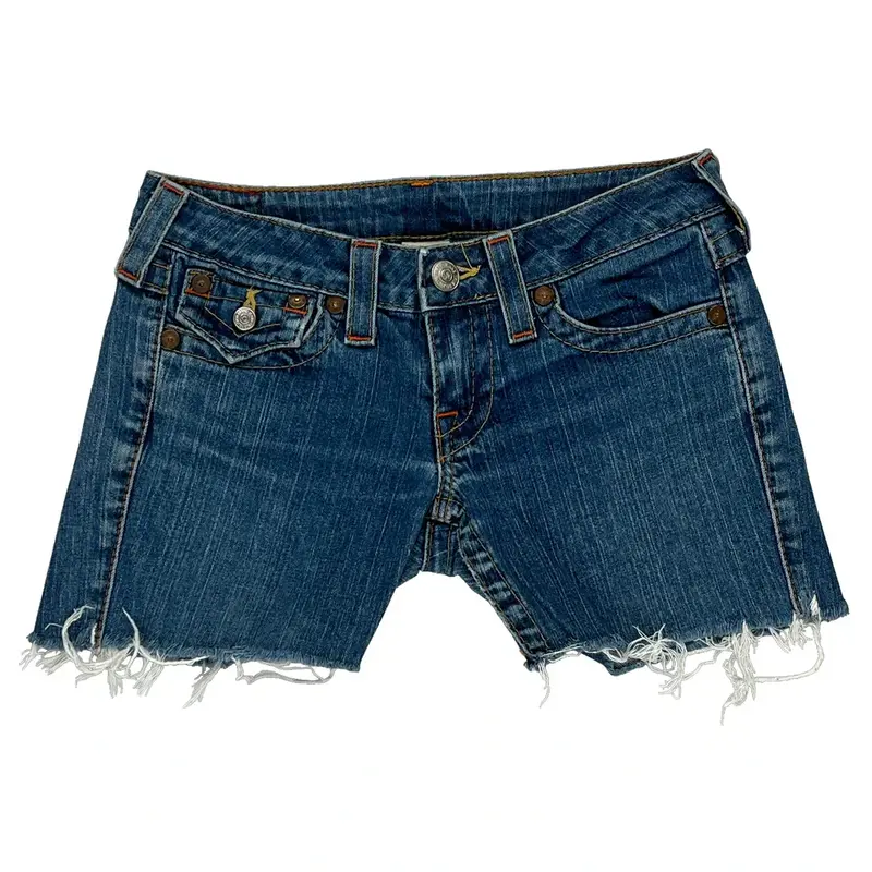 Frayed Hem True Religion Mini Denim Shorts - 29W UK 6 Blue Cotton Blend