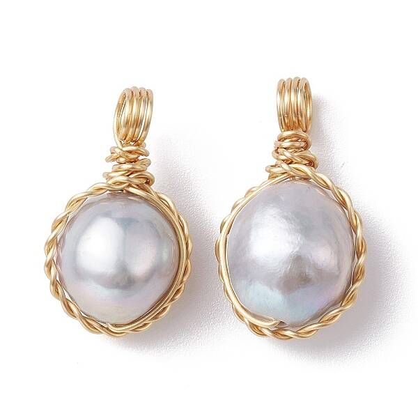 Natural Cultured Freshwater Pearl Copper Wire Wrapped Pendants