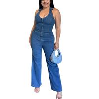 Denim Jumpsuit - Blue Sleeveless Wide Leg Halter Zip Up Jumpsuit for Women - Trendy & Comfortable Summer Wear - Essential Fas...