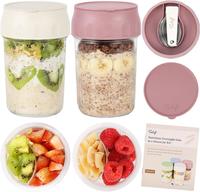Soligt Overnight Oats Containers with Lids, Folding Spoons, and Divided Compartments for Fruit & Nuts, Small Glass 16oz Mason...